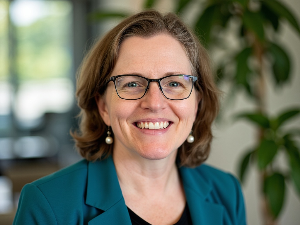 Kristin Lantz smiling, wearing a teal blazer